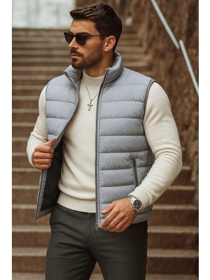 Comstar Erkek Cepli Kışlık Fermuarlı Basic Gri Şişme Yelek