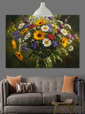 Karizma Tablo Renkli Çiçeklerin Bulunduğu Vazo Dekoratif Kanvas - Mdf Ahşap Tablo