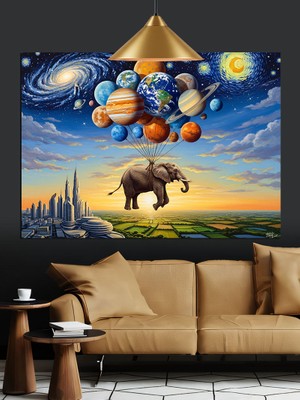 Karizma Tablo Balonlar Uçan Gergedan Figür Dekoratif Kanvas - Mdf Ahşap Tablo