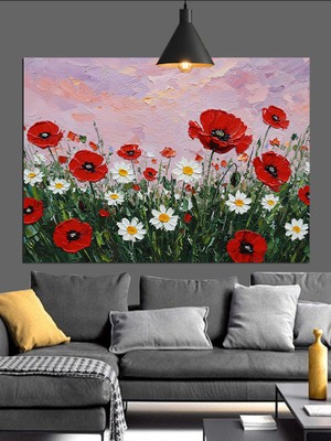 Artmeg Kırmızı Gelincik Çiçek Tarlası Dekoratif Kanvas - Mdf Ahşap Tablo