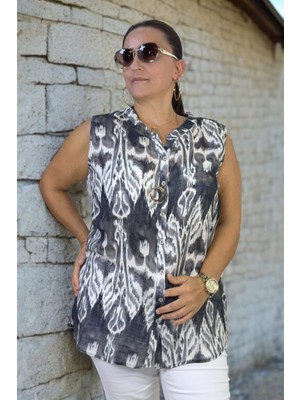 Yagmur Beren  Organik Italyan Ince Keten Hakim Yaka Japone Kol(Kolsuz) Desenli Büyük Beden Gömlek