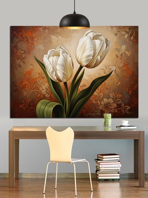 Karizma Tablo Beyaz Lale Çiçek Natürmort Dekoratif Kanvas - Mdf Ahşap Tablo