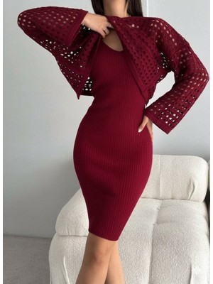 Etiler Collection Kadın Uzun Kollu Delikli Kazak Askılı Elbise Triko Ikili Takım