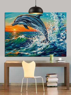 Tablo Mega Okyanusta Zıplayan Yunus Dalga Dekoratif Kanvas - Mdf Ahşap Tablo