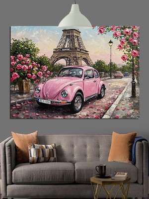 Karizma Tablo Eyfel Kulesi Önünde Pembe Araba Dekoratif Kanvas - Mdf Ahşap Tablo