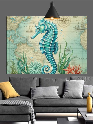 Artmeg Soyut Denizatı Figürü ve Dünya Haritası Dekoratif Kanvas - Mdf Ahşap Tablo