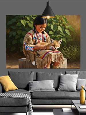 Karizma Tablo Tilki Seven Kızılderili Çocuk Dekoratif Kanvas - Mdf Ahşap Tablo