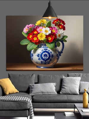 Artmeg Çiçekler Vazo Seramik Desen Dekoratif Kanvas - Mdf Ahşap Tablo