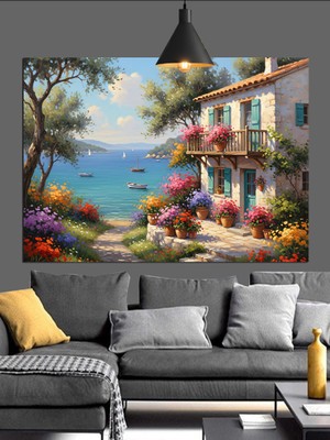 Artmeg Akdeniz Kasabası Sahil Manzarası Dekoratif Kanvas - Mdf Ahşap Tablo