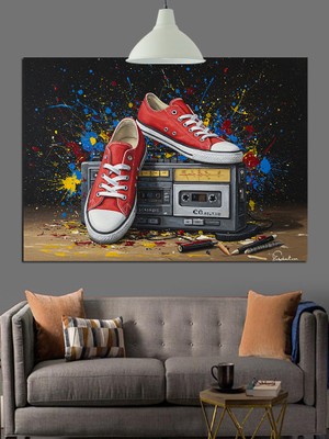 Tablo Mega Kırmızı Ayakkabılar Kaset Çalar Dekoratif Kanvas - Mdf Ahşap Tablo