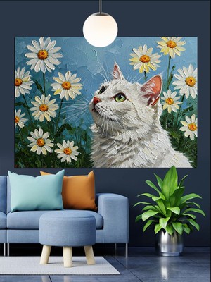 Tablo Mega Papatyalar ve Kedi Figürü Dekoratif Kanvas - Mdf Ahşap Tablo
