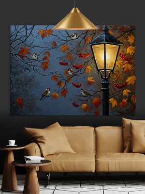 Tablo Mega Sonbahar Yaprakları Sokak Lambası Dekoratif Kanvas - Mdf Ahşap Tablo