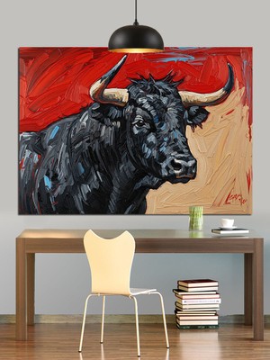 Tablo Mega Saldıran Siyah Boğa Gücü Dekoratif Kanvas - Mdf Ahşap Tablo
