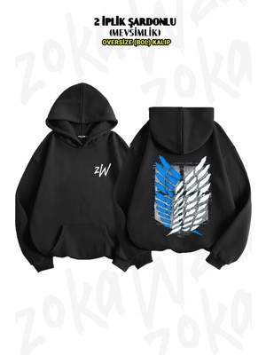 Oversize Attack On Titan Logo Özel Sırt Baskılı Kapüşonlu Sweatshirt (2 Iplik)