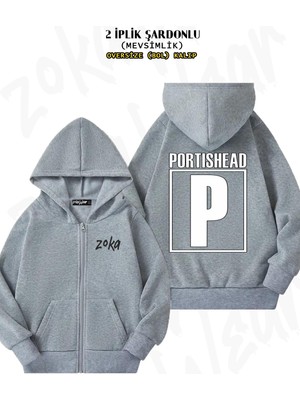 Oversize Portishead Sırt Baskılı Fermuarlı Kapşonlu Gri Hırka (2 Iplik)