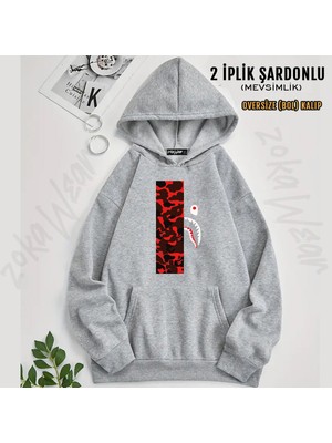 Bape Shark Red Kamuflaj Tasarım Baskılı Kapüşonlu Sweatshirt (2 Iplik)