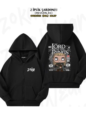 Oversize Yüzüklerin Efendisi Lord Sırt Baskılı Fermuarlı Kapşonlu Siyah Hırka (2 Iplik)