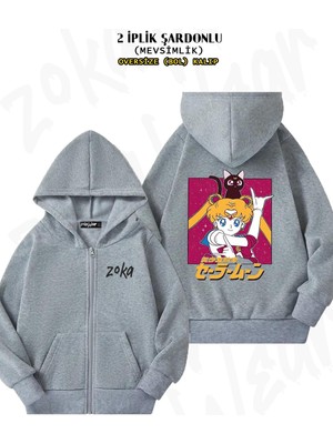 Oversize Sailor Moon 5 Sırt Baskılı Fermuarlı Kapşonlu Gri Hırka (2 Iplik)