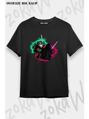 Unisex Oversize Kalıp Star Wars Işın Kılıcı Kedi Tasarım Baskılı Tshirt