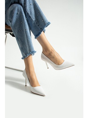 Güllü Shoes Beyaz Mat Stiletto Ayakkabı - Sivri Burun Şık Rahat Kadın Abiye Topuklu Ayakkabı