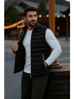 Comstar Erkek Astarlı Kışlık Cepli Fermuarlı Siyah Şişme Yelek