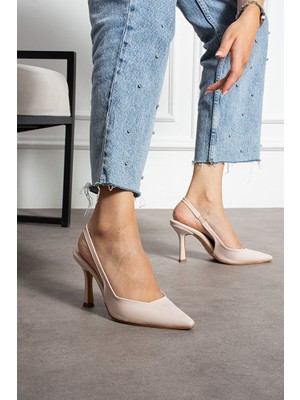 Güllü Shoes Krem Rugan Slingback Ince Topuklu Ayakkabı Kadın Sivri Burun Şık Günlük Ofis Abiye Model
