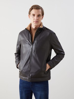 Lc Waikiki Yeni Sezon Standart Kalıp Dik Yaka Erkek Deri Görünümlü Mont