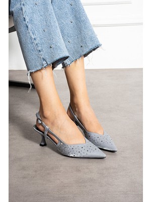 Güllü Shoes Gri Taş Detaylı Ince Topuklu Slingback Stiletto – Şık ve Zarif Abiye Kadın Ayakkabı