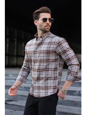 Madmext Camel Düğmeli Ekose Desenli Erkek Gömlek E6768