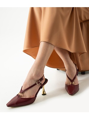 Güllü Shoes Lüks Bordo Mat Kadın Topuklu Ayakkabı Altın Detaylı Şık ve Zarif Günlük Özel Gün Kombinleri Için