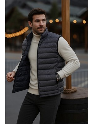Comstar Erkek Astarlı Kışlık Cepli Fermuarlı Füme Şişme Yelek
