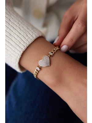 Yavuz Kuyumculuk 14 Ayar Altın Gurmet Zincir Taşlı Kalp Bileklik