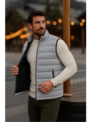 Comstar Erkek Astarlı Kışlık Cepli Fermuarlı Gri Şişme Yelek