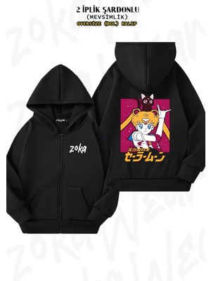 Unisex Sailor Moon 5 Baskılı Oversize Sırt Baskılı Fermuarlı Kapşonlu Hırka