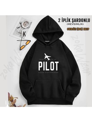 Pilot, Uçak, Airplane Baskılı Kapüşonlu Sweatshirt (2 Iplik)