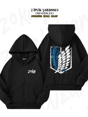 Oversize Attack On Titan Semboller Anime Logo Sırt Baskılı Fermuarlı Kapşonlu Siyah Hırka (2 Iplik)