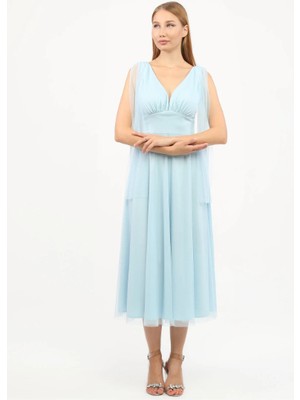 Asees Göğüs Büzgü Detaylı Esnek Tül Abiye Elbise