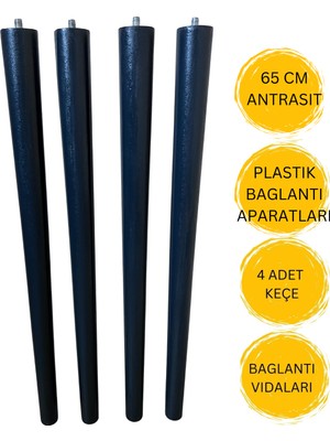Hamadex 65 cm Antrasit Renk Konik Ahşap Ayak 4 Adet Sehpa Masa  + Bağlantı Aparatları ve Vidalar