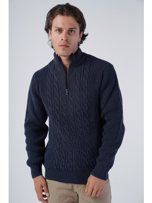 Trist Star Erkek Lacivert Saç Örgülü Dik Yaka Fermuarlı Yünlü Kazak TRIST-5300
