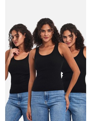 Mmetalic Fitilli Siyah Crop Havuz Yaka Sıfır Kol Pamuklu 3'lü Kadın Atlet MTLCB92