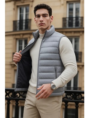 Comstar Erkek Kışlık Cepli Trend Fermuarlı Gri Şişme Yelek