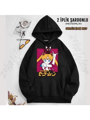 Sailor Moon 5 Baskılı Kapüşonlu Sweatshirt (2 Iplik)