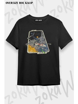 Unisex Oversize Kalıp Star Wars Renkli Gemi Tasarım Baskılı Tshirt