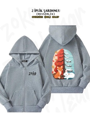 Unisex Mevsim Sonbahar Tilki Baskılı Oversize Sırt Baskılı Fermuarlı Kapşonlu Hırka