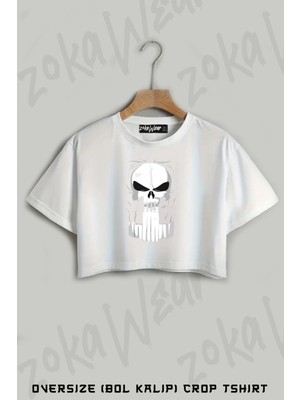 Punisher Suit Baskılı Oversize Crop T-Shirt