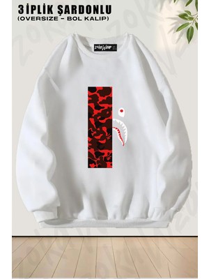 Unisex Bol Kalıp Bape Shark Red Kamuflaj Baskılı Tasarım Oversize Bisiklet Yaka Sweatshirt
