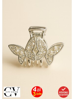 5 cm Gümüş Kelebek Formlu Taş ve Inci Detaylı Saç Tokası – Zarif ve Işıltılı Metal Mandal Toka