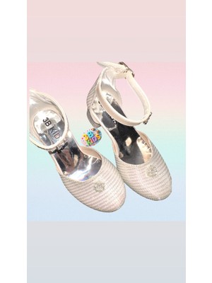 3b Kids Beyaz Ekru Simli Taşlı Tasarım Çocuk Topuklu Ayakkabı Düğün Ayakkabısı Doğum Günü Ayakkabısı