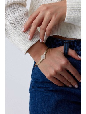 Yavuz Kuyumculuk 14 Ayar Altın Balık Sırtı Taşlı Yonca Bileklik