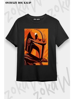 Unisex Oversize Kalıp Star Wars Mandalorian Tasarım Baskılı Tshirt